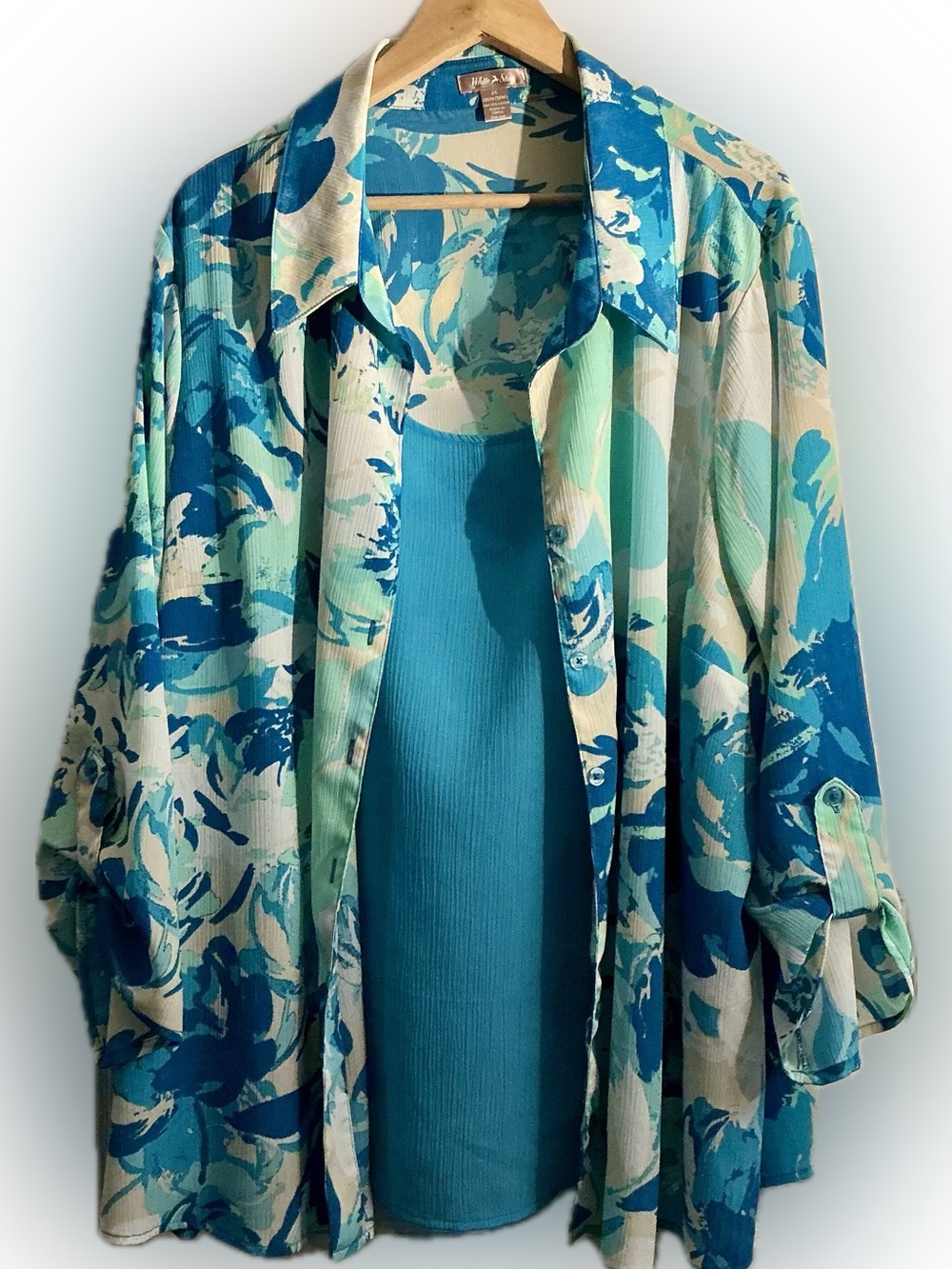 White Stag Plus Size 4X Aqua Blue Floral and Teal Layered Look Blouse 26/ 28W